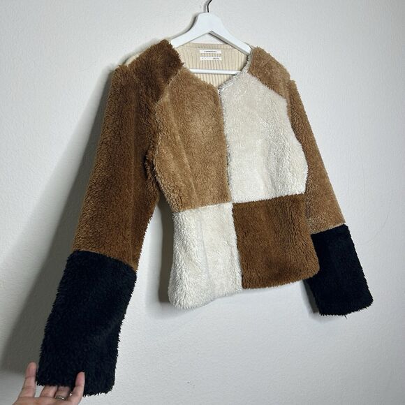 Anthropologie Furry Teddy Cream Colorblocked Cardigan Sweater S - Picture 3 of 9